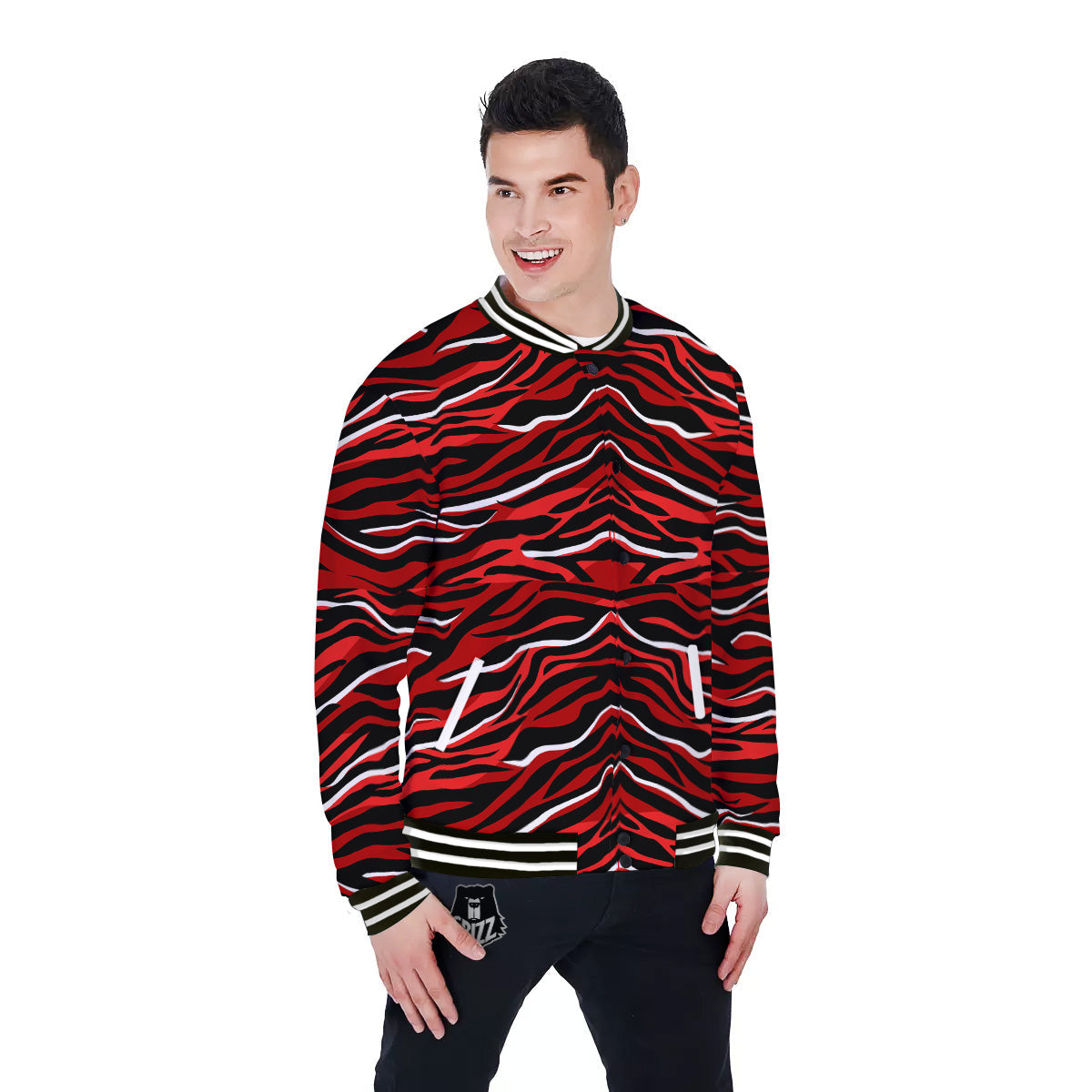 Red Black And White Colored Leopard Print Pattern Baseball Jacket-grizzshop