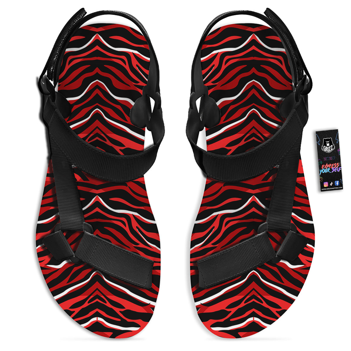 Red Black And White Colored Leopard Print Pattern Black Open Toe Sandals-grizzshop