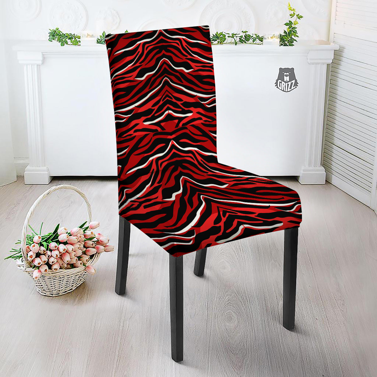 Red Black And White Colored Leopard Print Pattern Dining Chair Slipcover-grizzshop