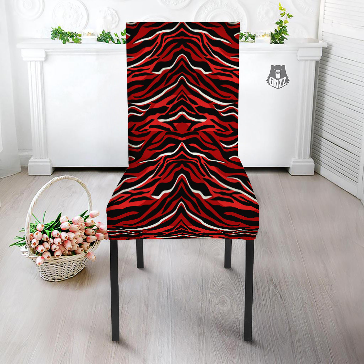 Red Black And White Colored Leopard Print Pattern Dining Chair Slipcover-grizzshop