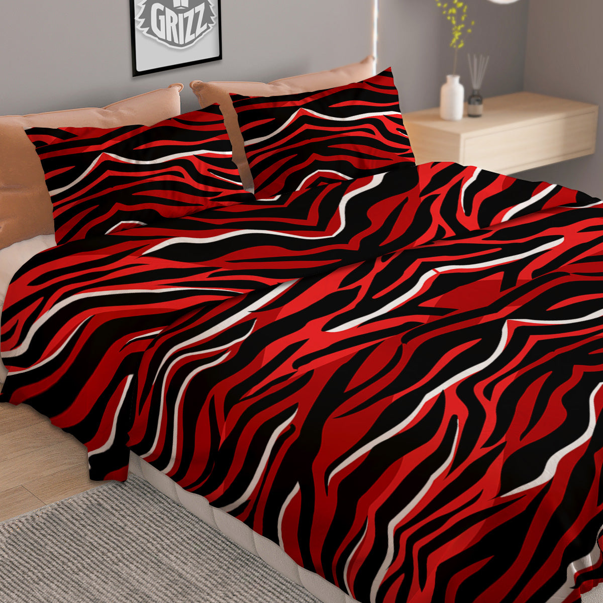 Red Black And White Colored Leopard Print Pattern Duvet Cover Bedding Set