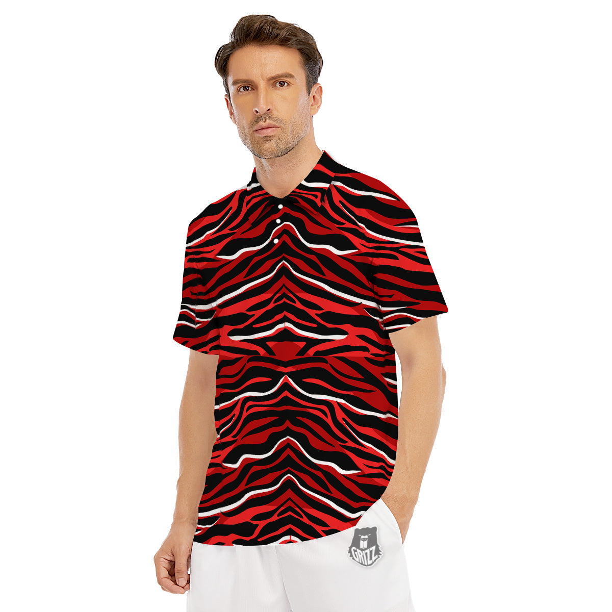 Red Black And White Colored Leopard Print Pattern Men's Golf Shirts-grizzshop