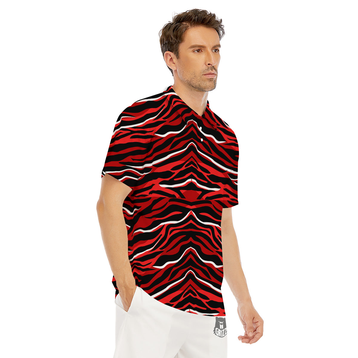 Red Black And White Colored Leopard Print Pattern Men's Golf Shirts-grizzshop