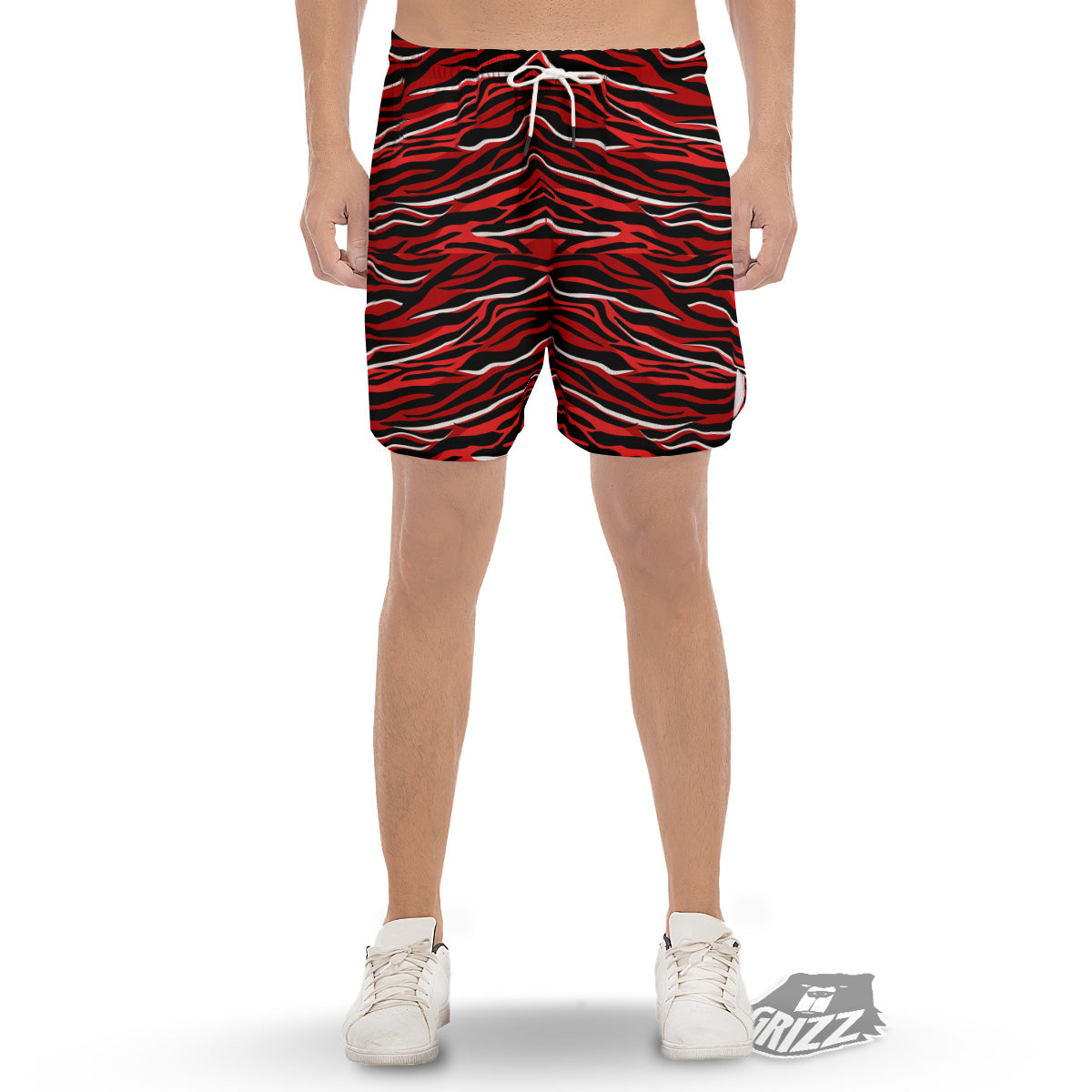 Red Black And White Colored Leopard Print Pattern Men's Gym Shorts-grizzshop