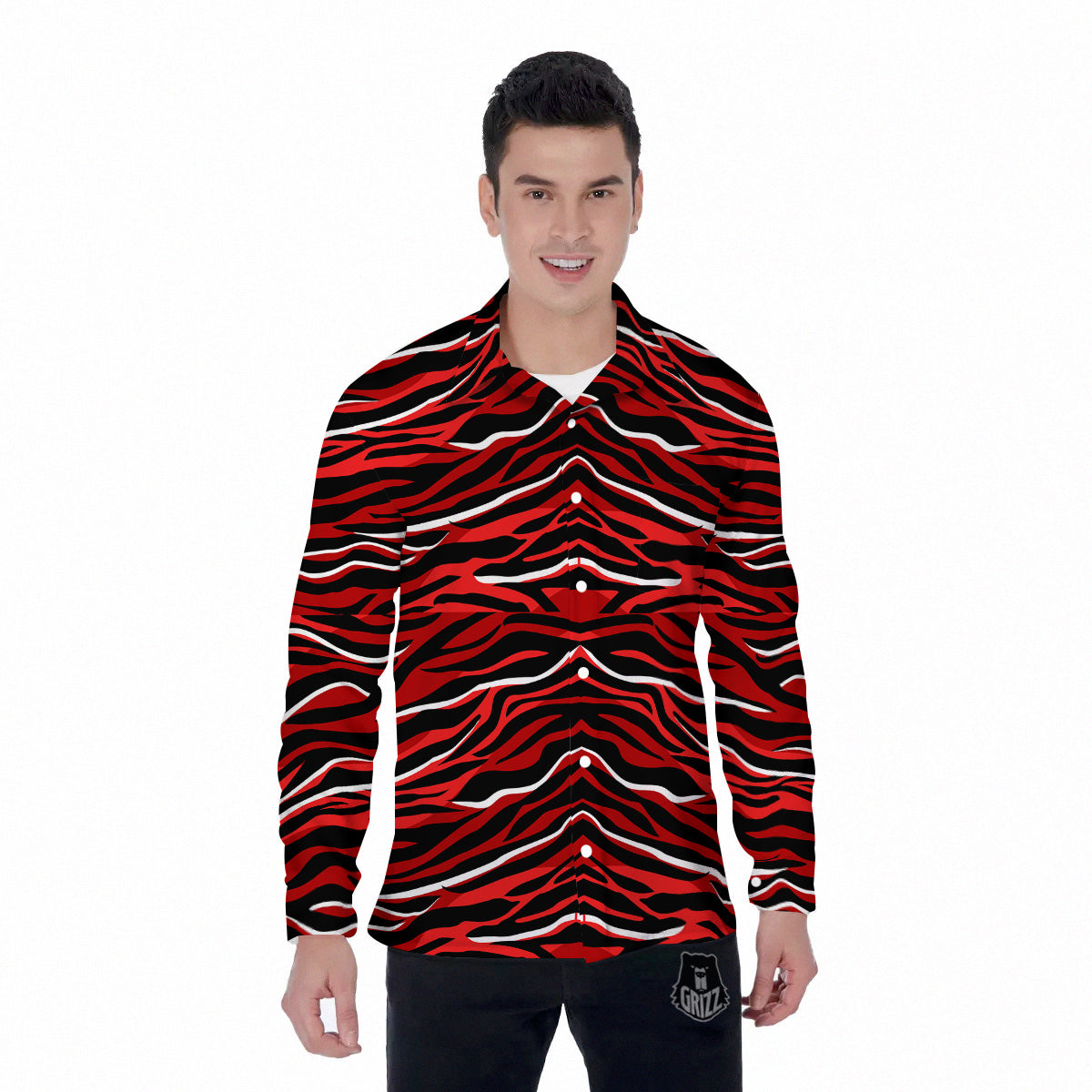 Red Black And White Colored Leopard Print Pattern Men's Long Sleeve Shirts-grizzshop