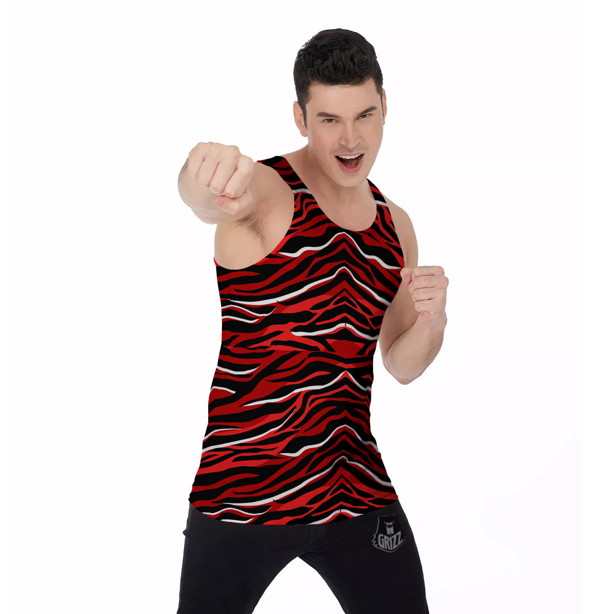 Red Black And White Colored Leopard Print Pattern Men's Tank Top-grizzshop