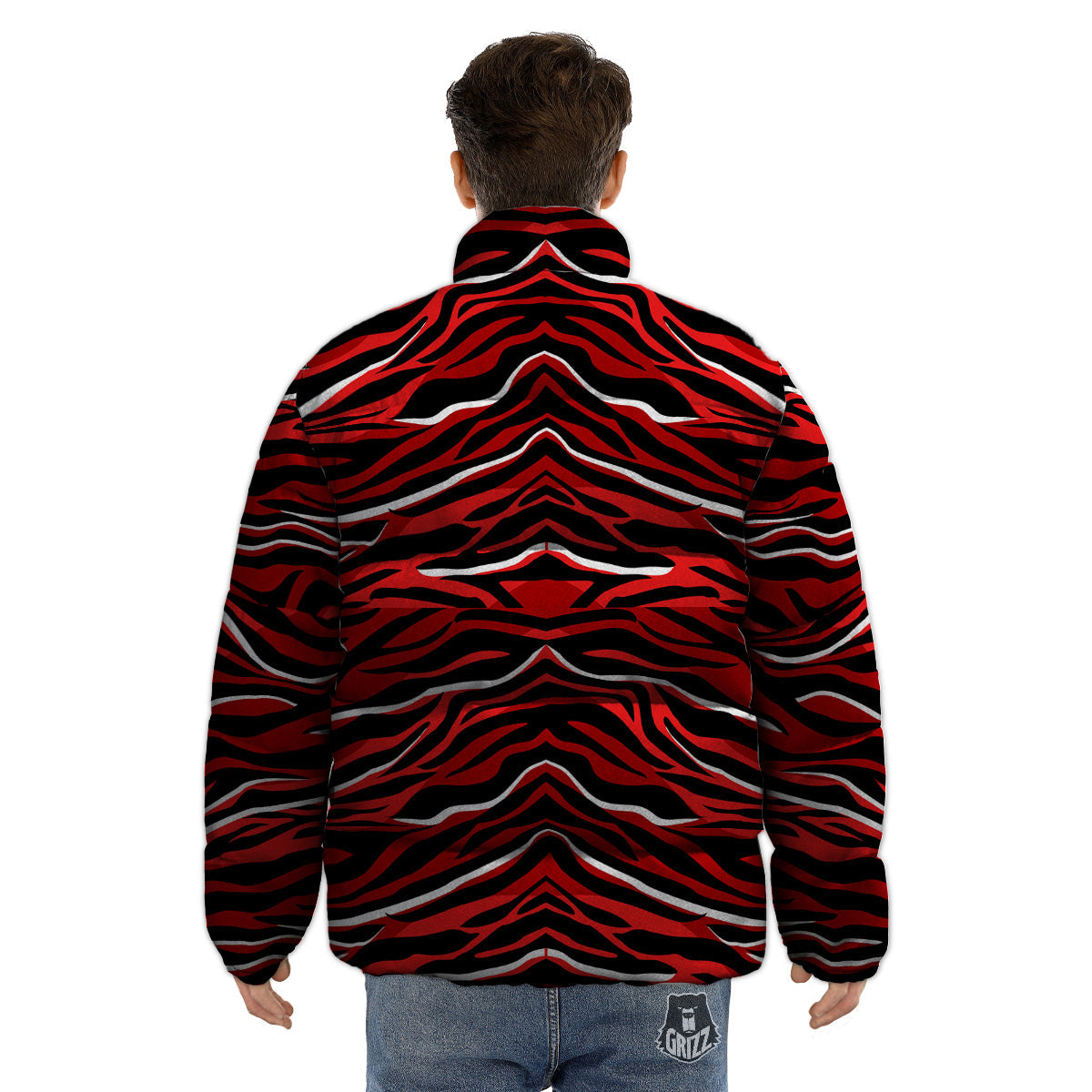 Red Black And White Colored Leopard Print Pattern Puffer Jacket-grizzshop