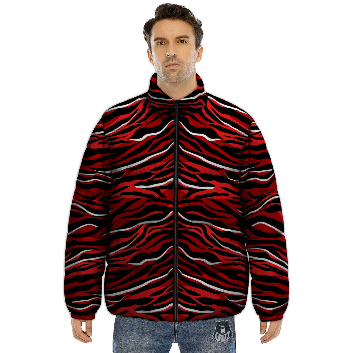 Red Black And White Colored Leopard Print Pattern Puffer Jacket-grizzshop