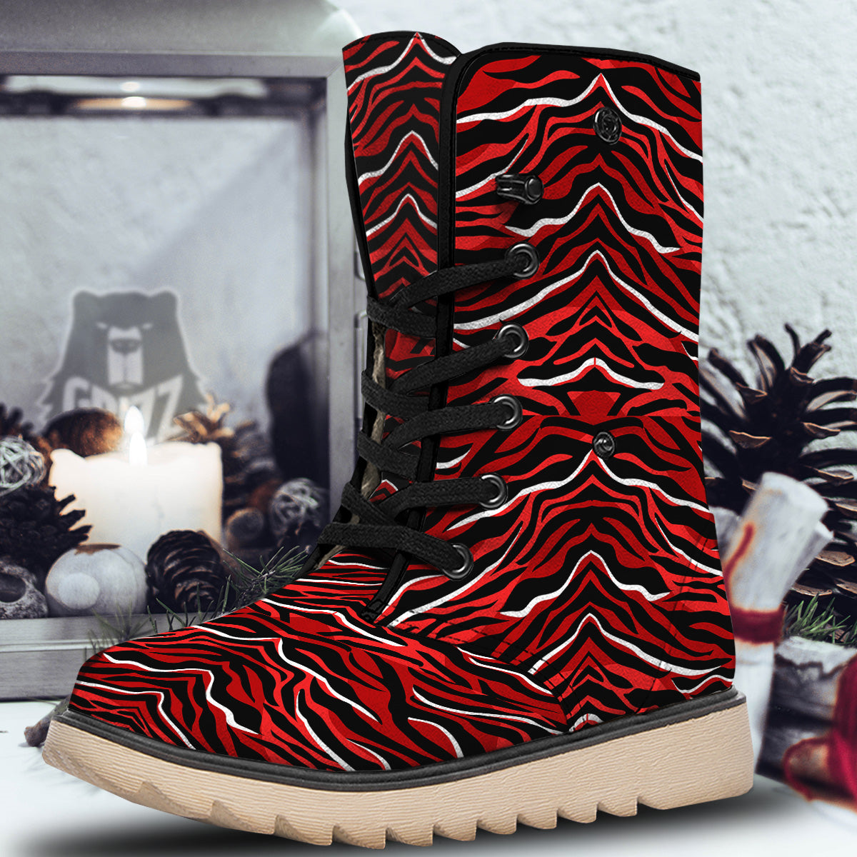 Red Black And White Colored Leopard Print Pattern Snow Boots-grizzshop