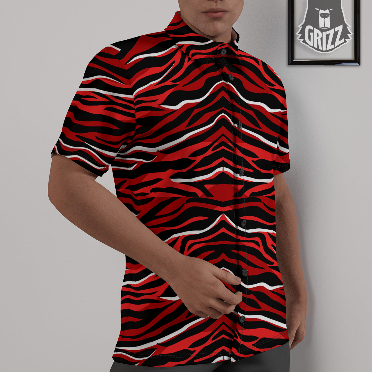 Red Black And White Colored Leopard Print Pattern Untucked Shirts-grizzshop