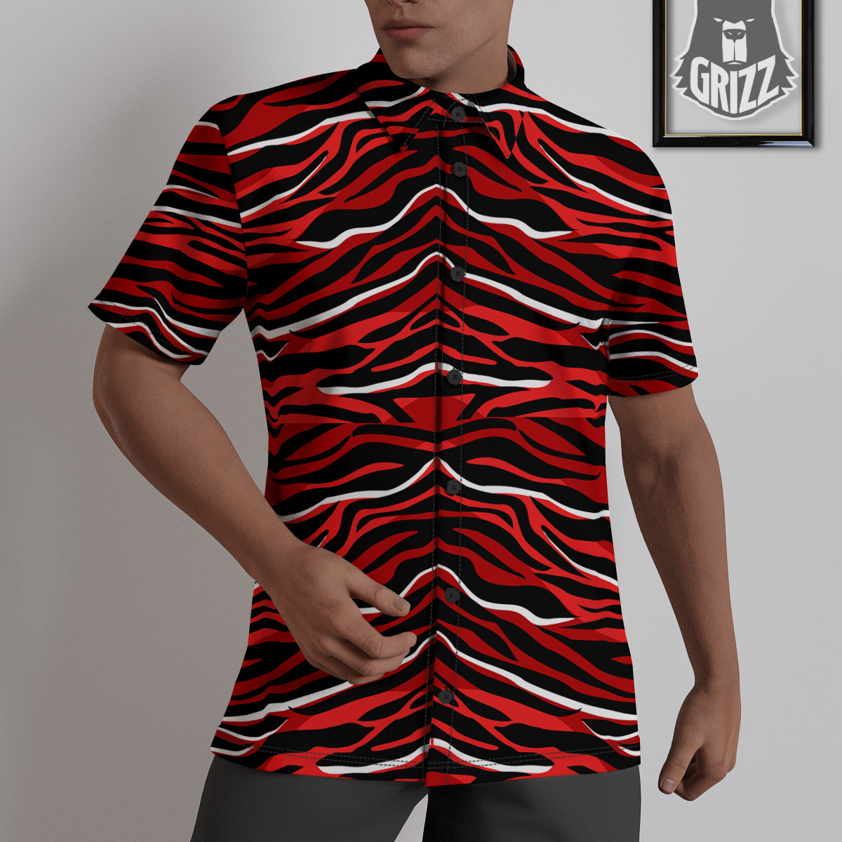 Red Black And White Colored Leopard Print Pattern Untucked Shirts-grizzshop