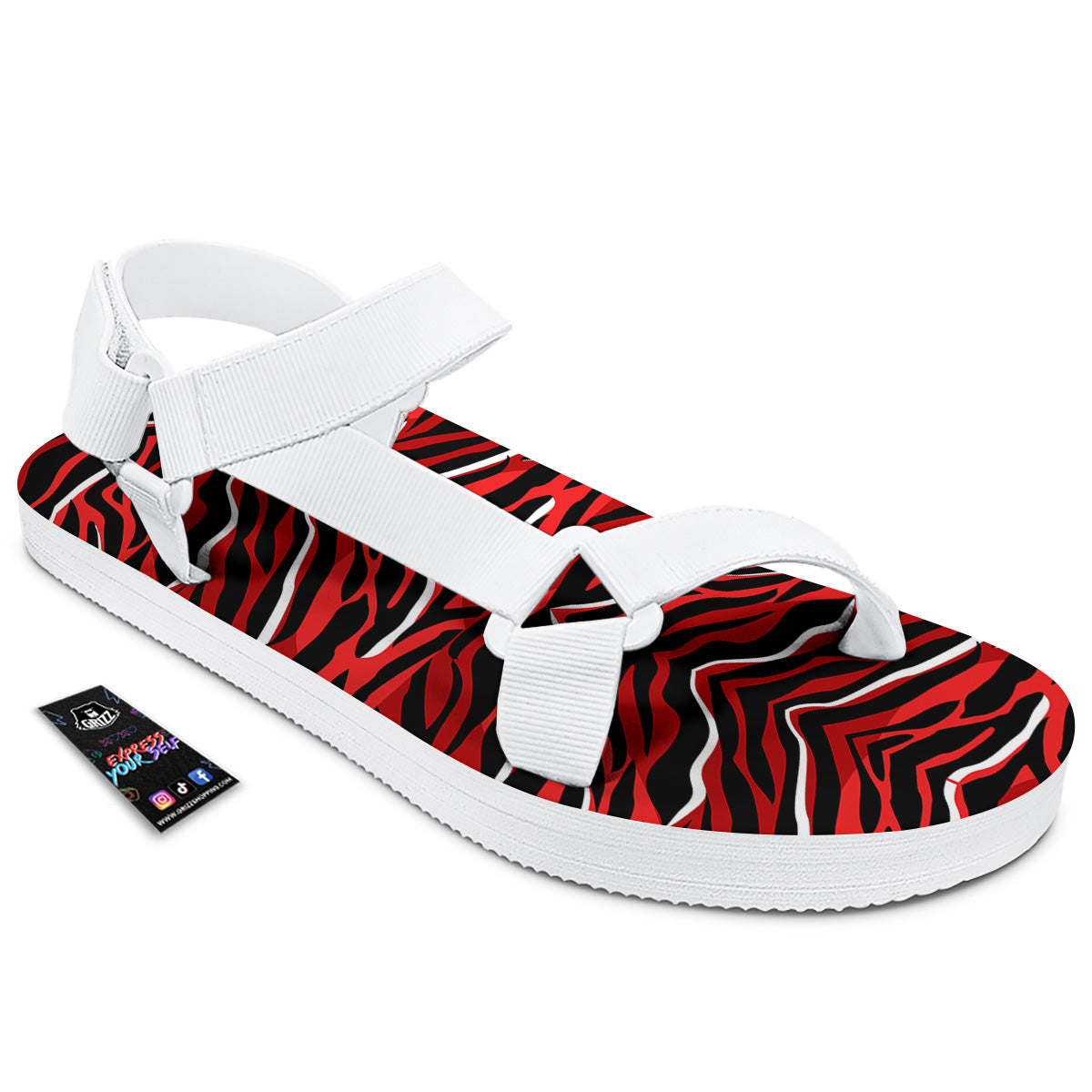 Red Black And White Colored Leopard Print Pattern White Open Toe Sandals-grizzshop