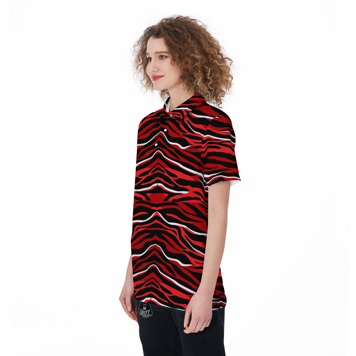 Red Black And White Colored Leopard Print Pattern Women's Golf Shirts-grizzshop