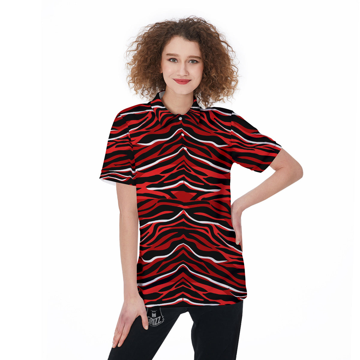 Red Black And White Colored Leopard Print Pattern Women's Golf Shirts-grizzshop