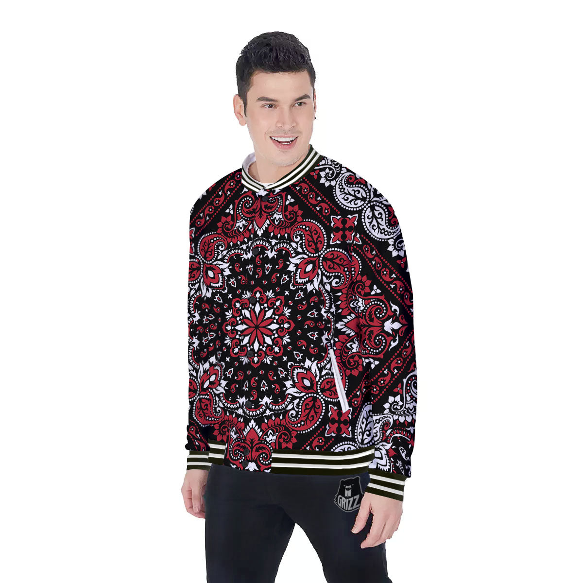Red Black Bandana Paisley Print Baseball Jacket-grizzshop