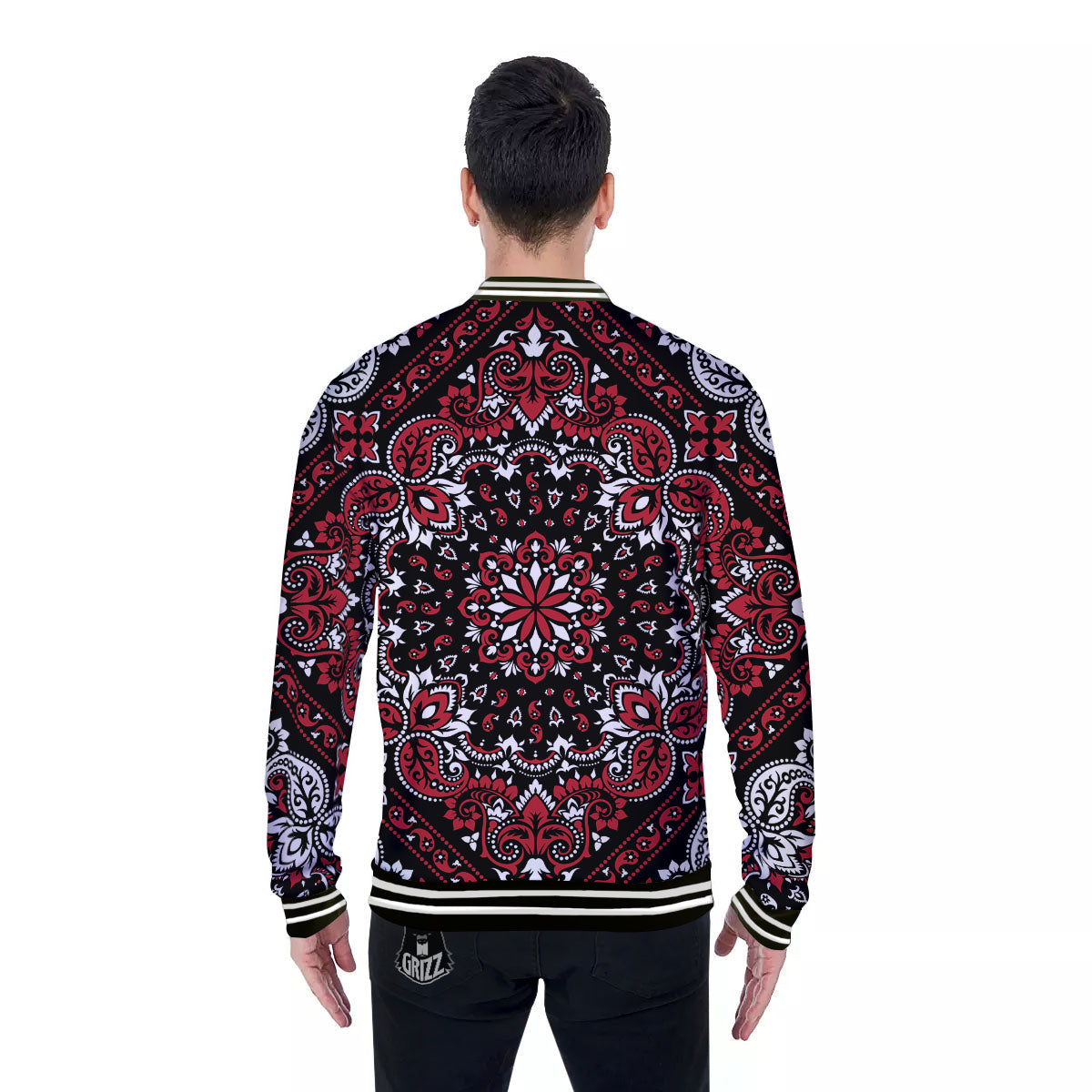 Red Black Bandana Paisley Print Baseball Jacket-grizzshop