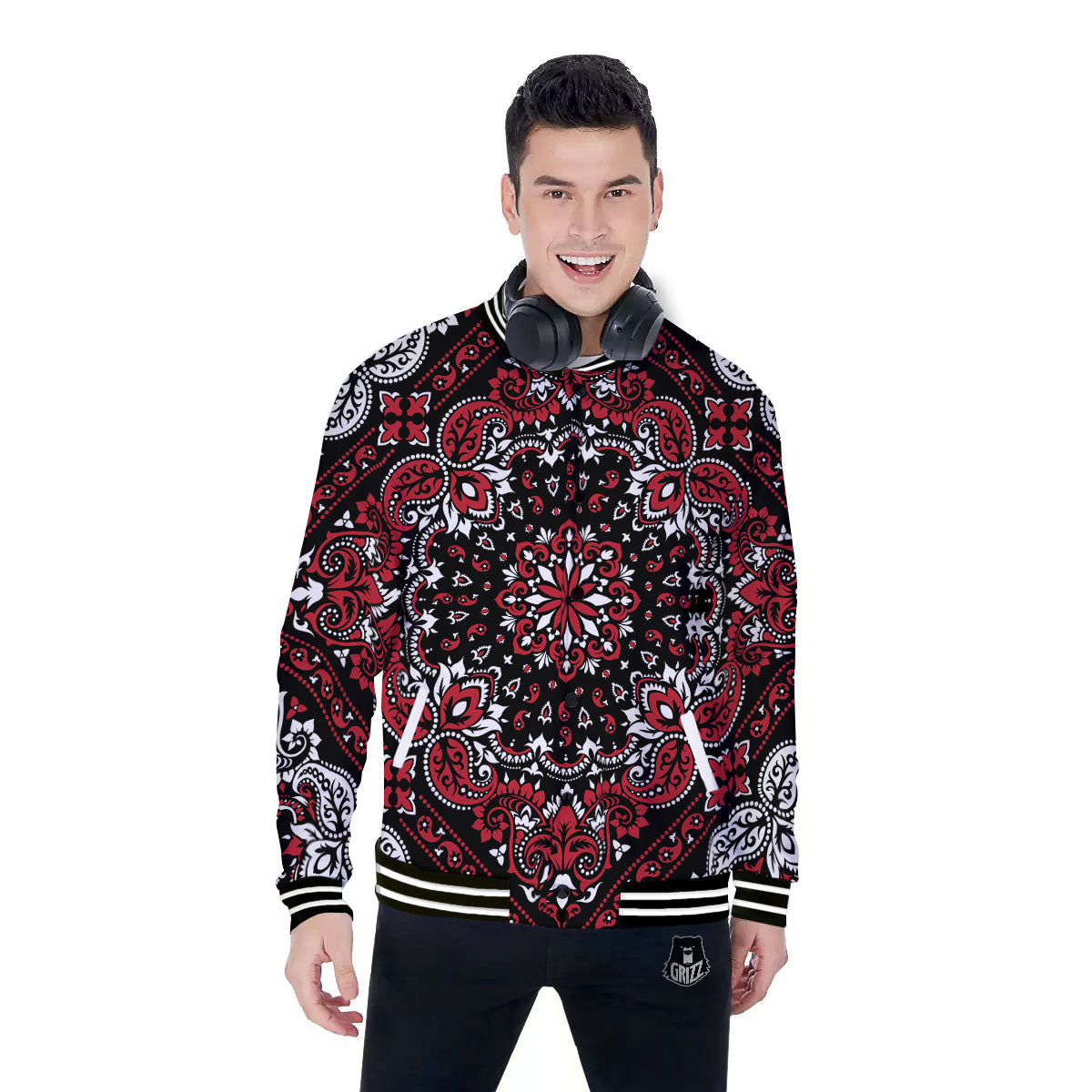 Red Black Bandana Paisley Print Baseball Jacket-grizzshop