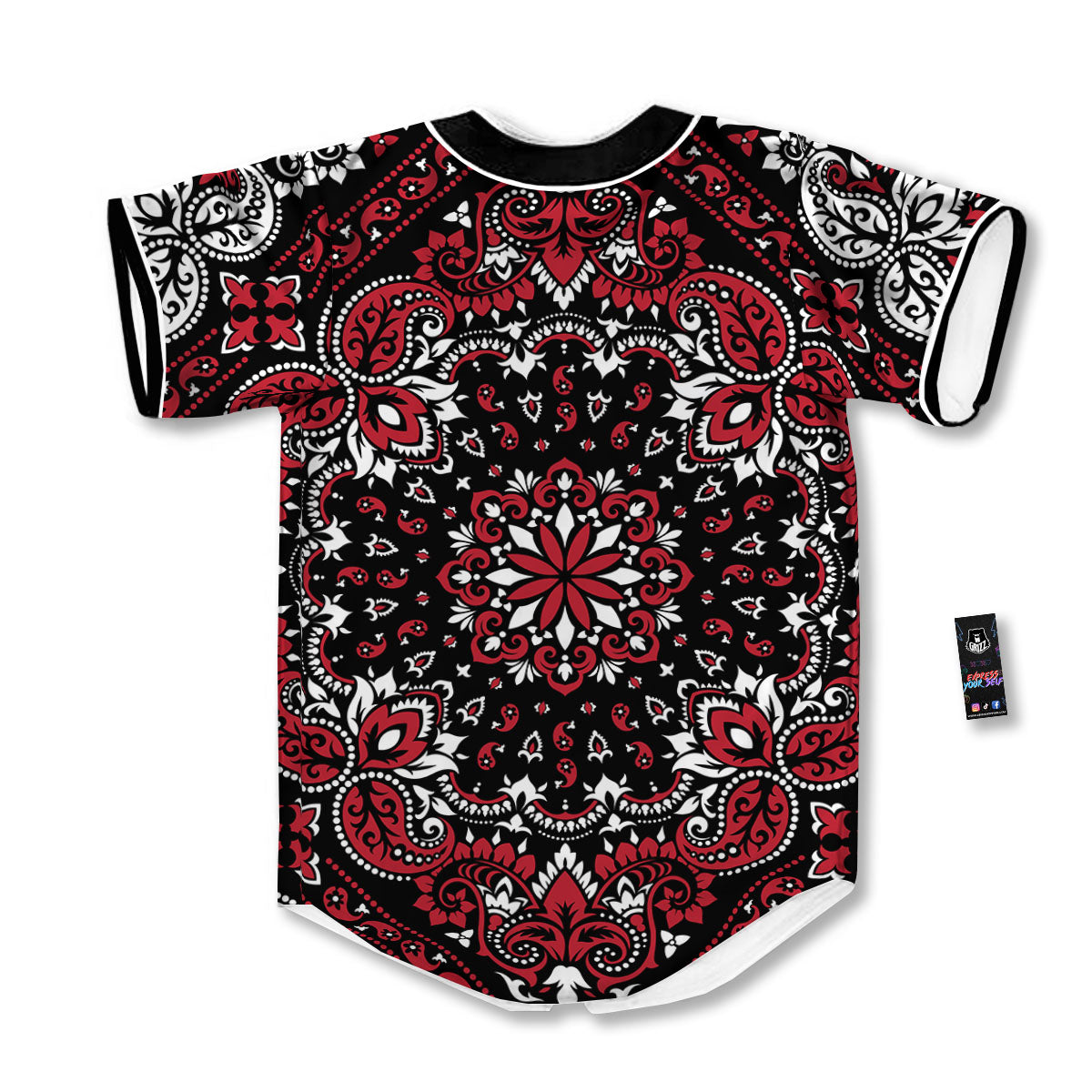 Red Black Bandana Paisley Print Baseball Jersey-grizzshop