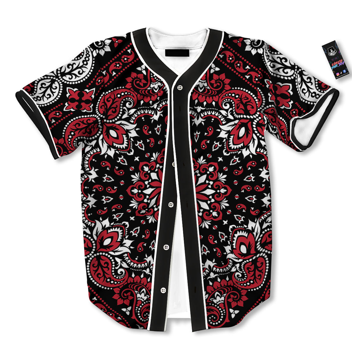 Red Black Bandana Paisley Print Baseball Jersey-grizzshop