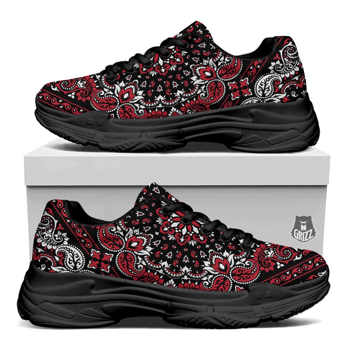 Red Black Bandana Paisley Print Black Chunky Shoes-grizzshop