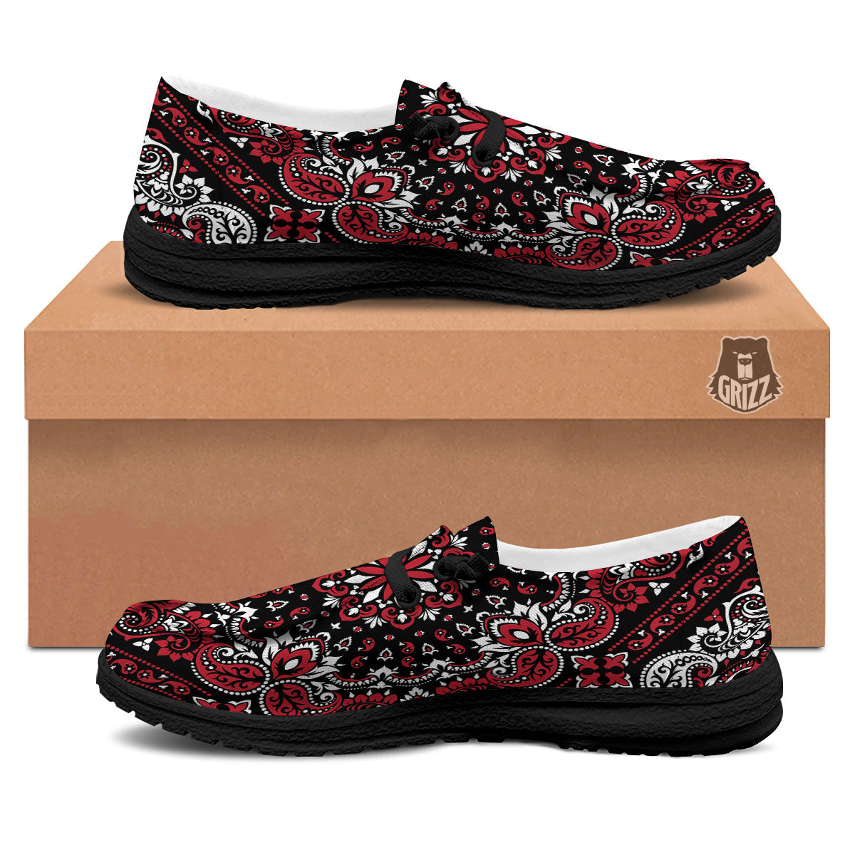 Red Black Bandana Paisley Print Black Loafers-grizzshop