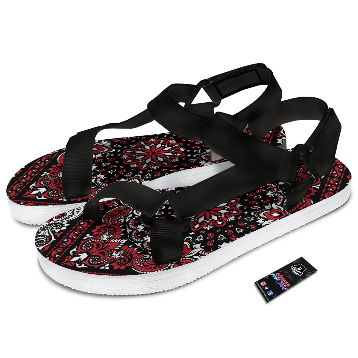 Red Black Bandana Paisley Print Black Open Toe Sandals-grizzshop