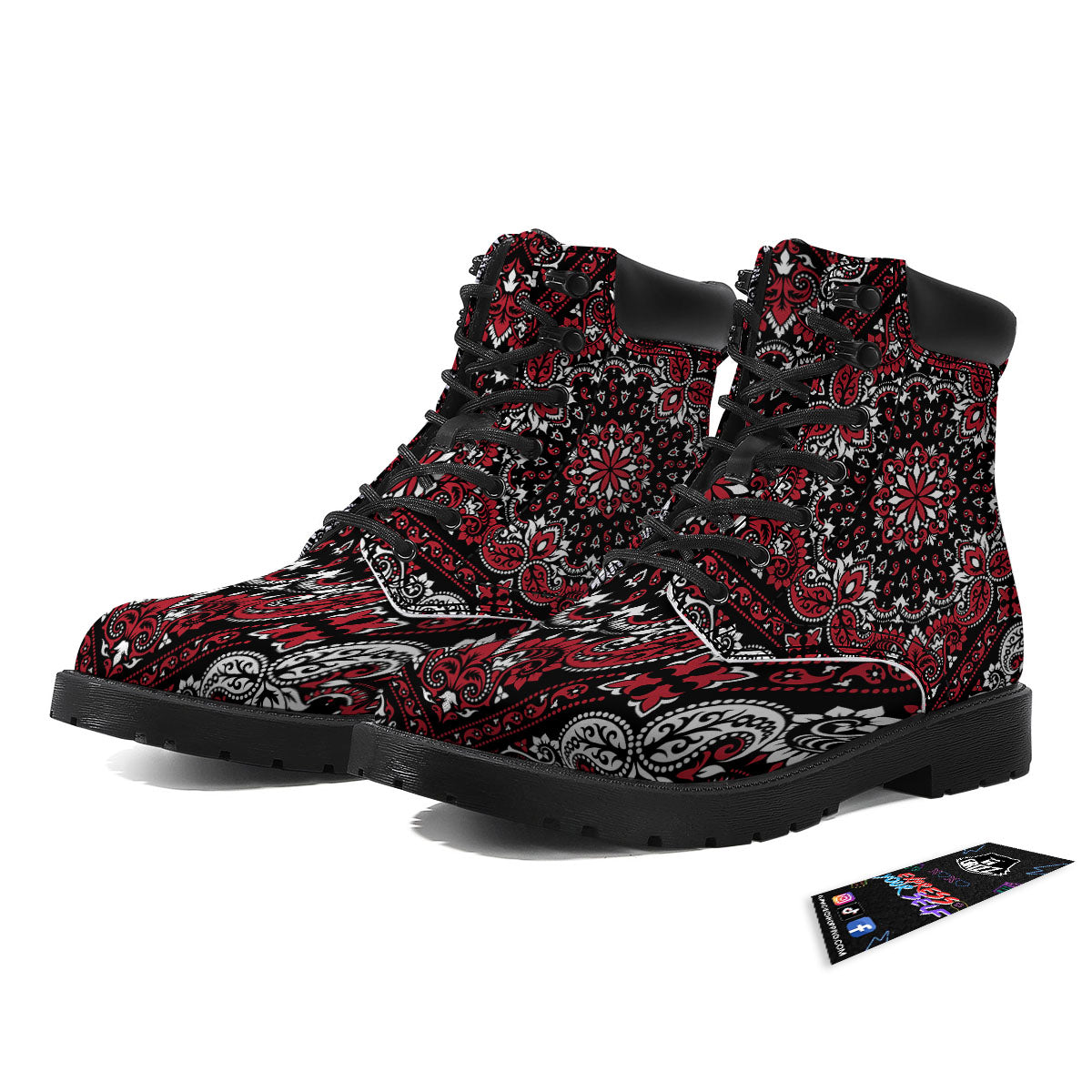 Red Black Bandana Paisley Print Boots-grizzshop