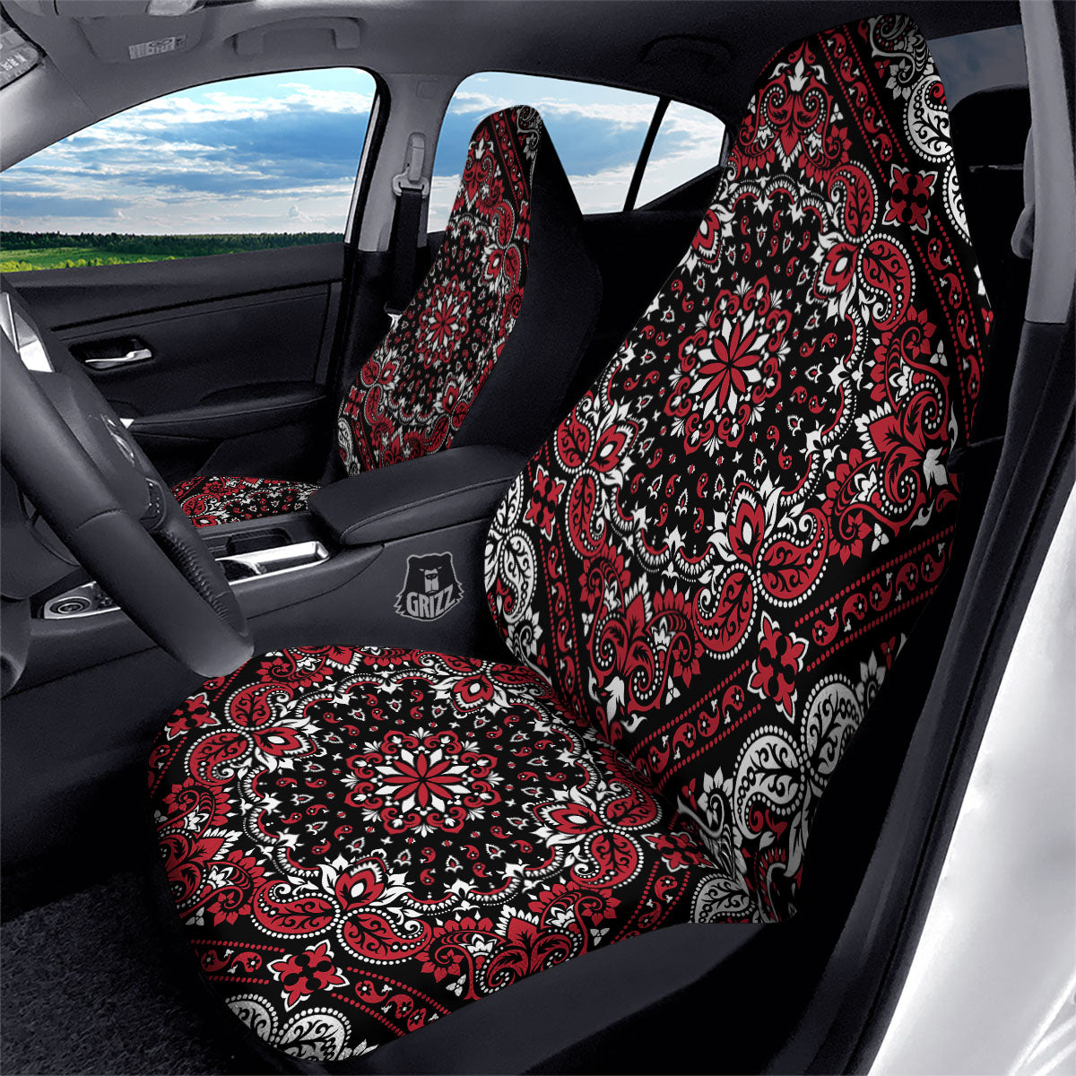 Red Black Bandana Paisley Print Car Seat Covers-grizzshop