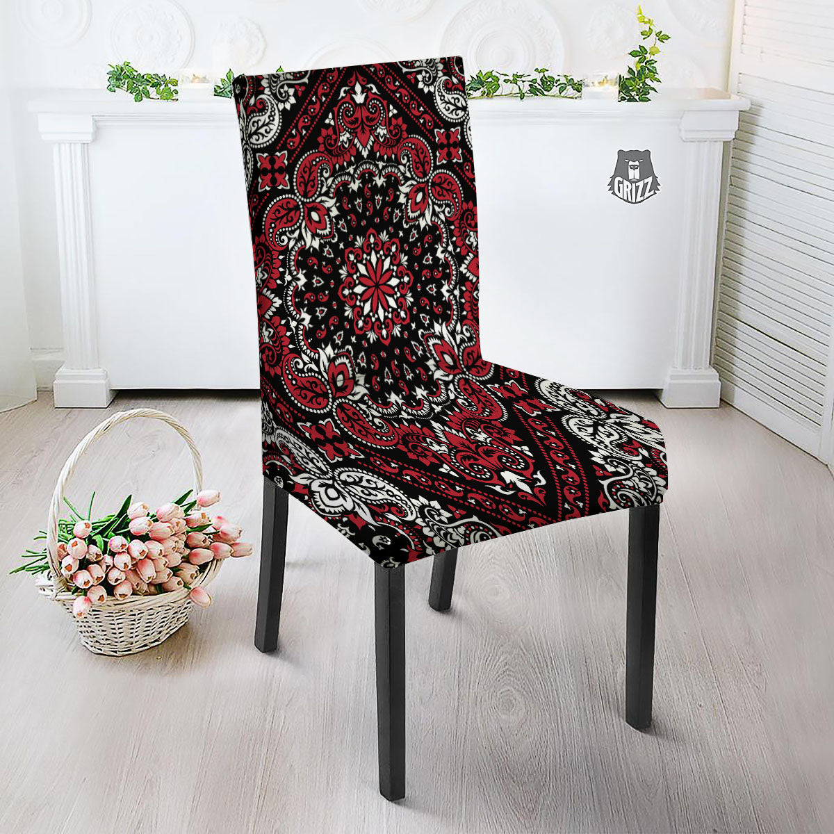 Red Black Bandana Paisley Print Dining Chair Slipcover-grizzshop