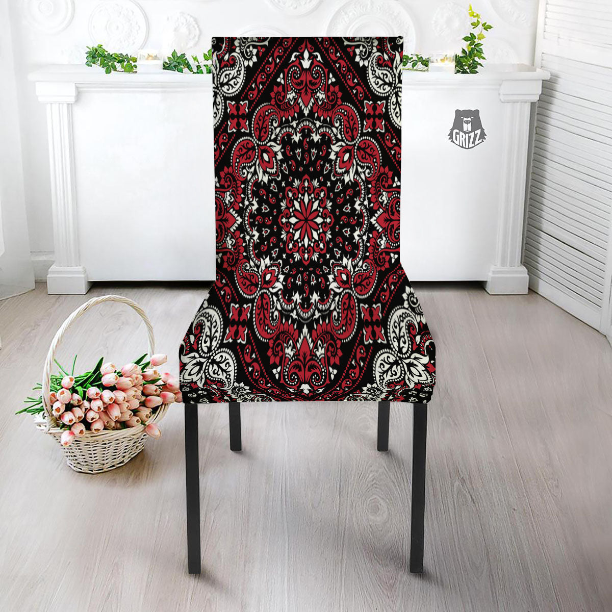 Red Black Bandana Paisley Print Dining Chair Slipcover-grizzshop