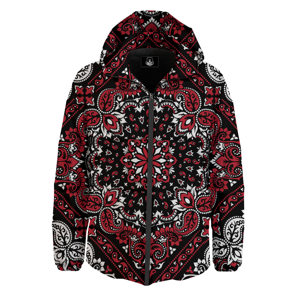 Red Black Bandana Paisley Print Down Jacket-grizzshop