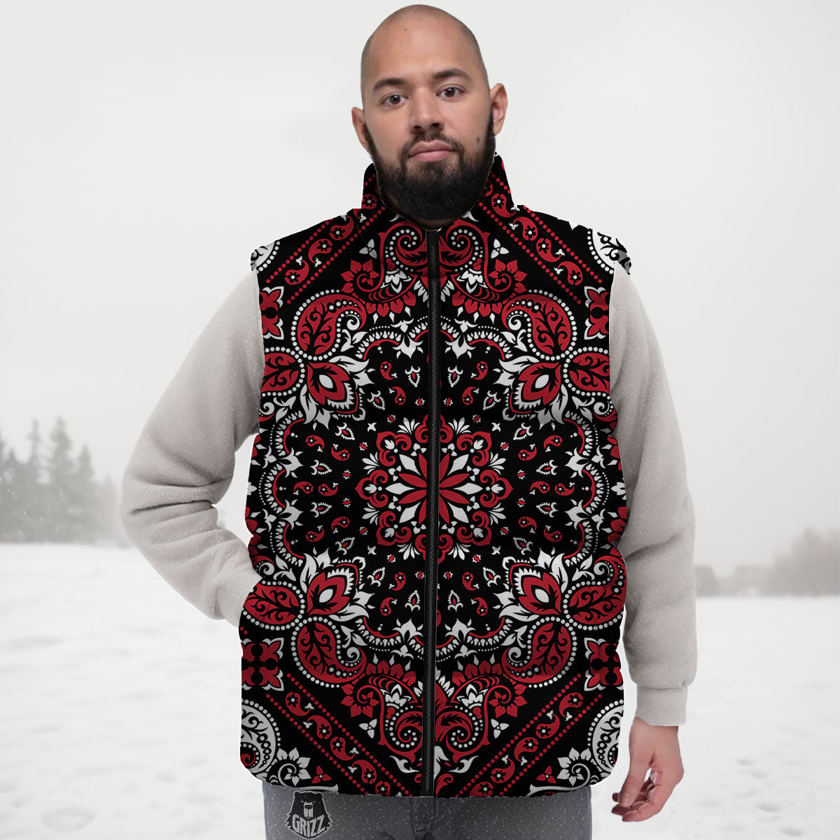 Red Black Bandana Paisley Print Down Vest