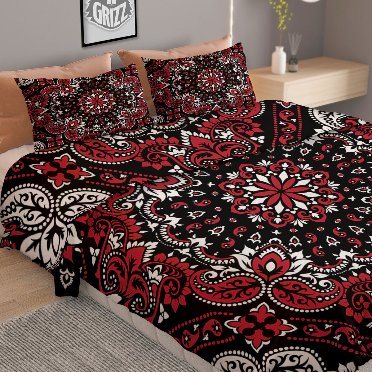 Red Black Bandana Paisley Print Duvet Cover Bedding Set
