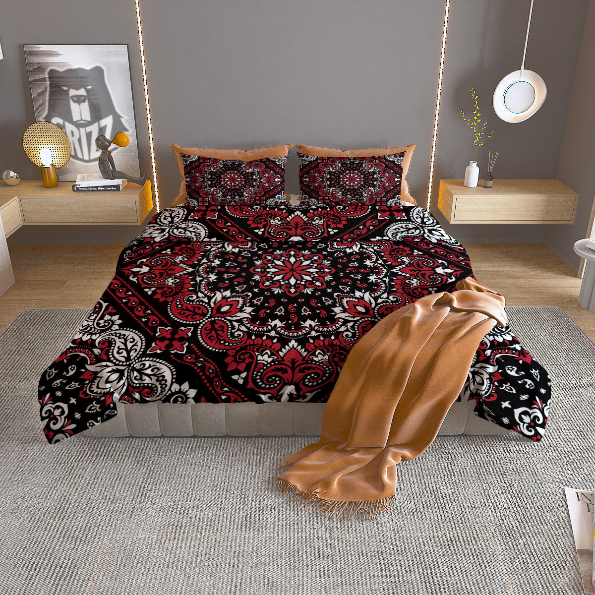 Red Black Bandana Paisley Print Duvet Cover Bedding Set