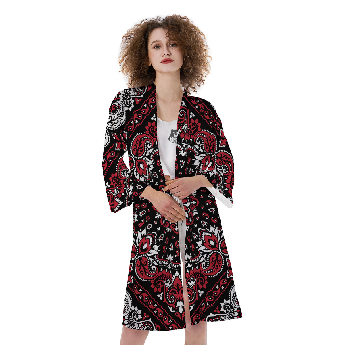 Red Black Bandana Paisley Print Kimono-grizzshop