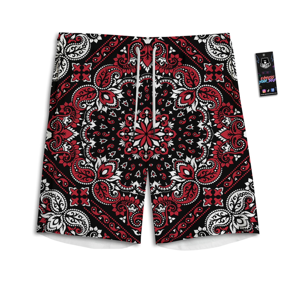 Red Black Bandana Paisley Print Men's Athletic Shorts