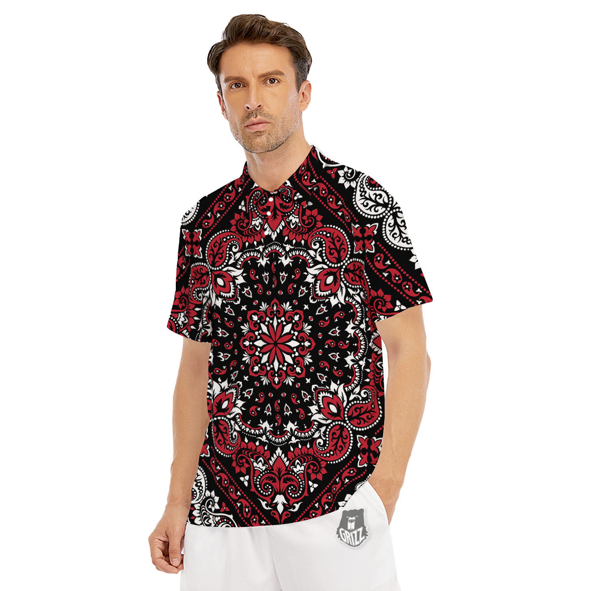 Red Black Bandana Paisley Print Men's Golf Shirts-grizzshop
