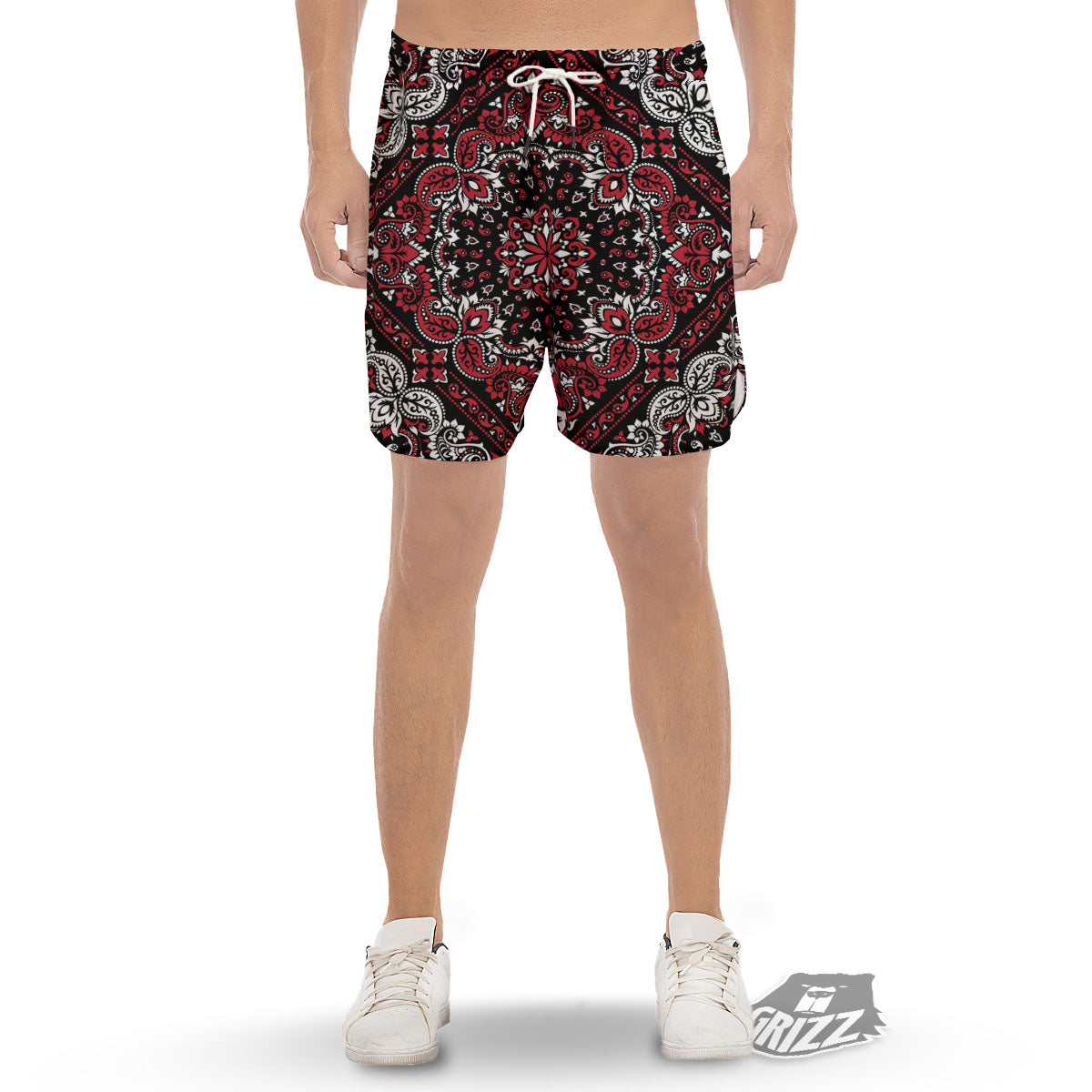 Red Black Bandana Paisley Print Men's Gym Shorts-grizzshop