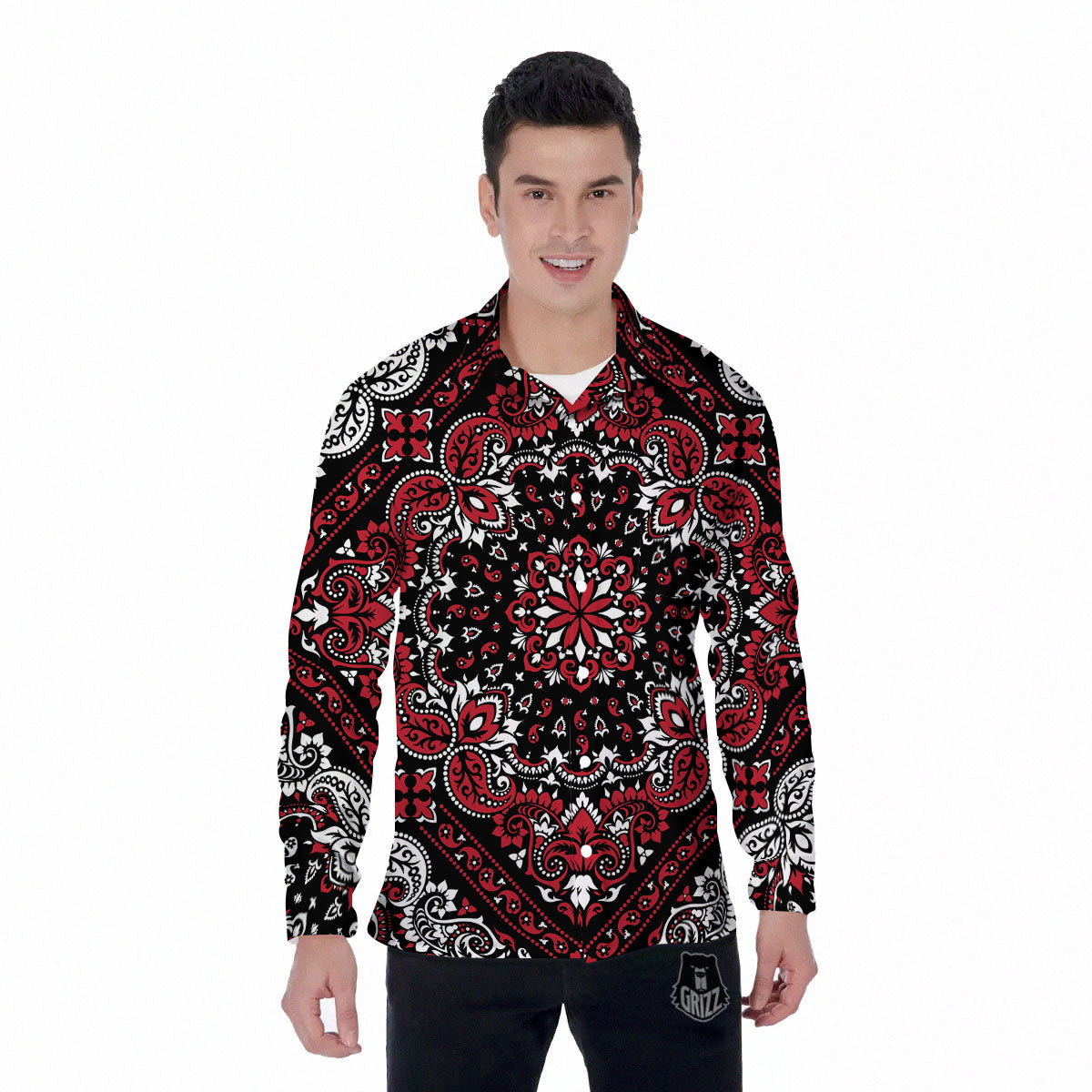 Red Black Bandana Paisley Print Men's Long Sleeve Shirts-grizzshop