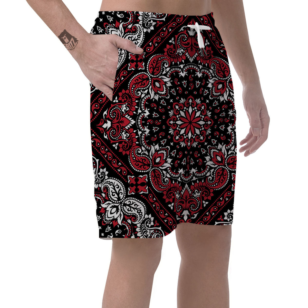 Red Black Bandana Paisley Print Men's Shorts-grizzshop