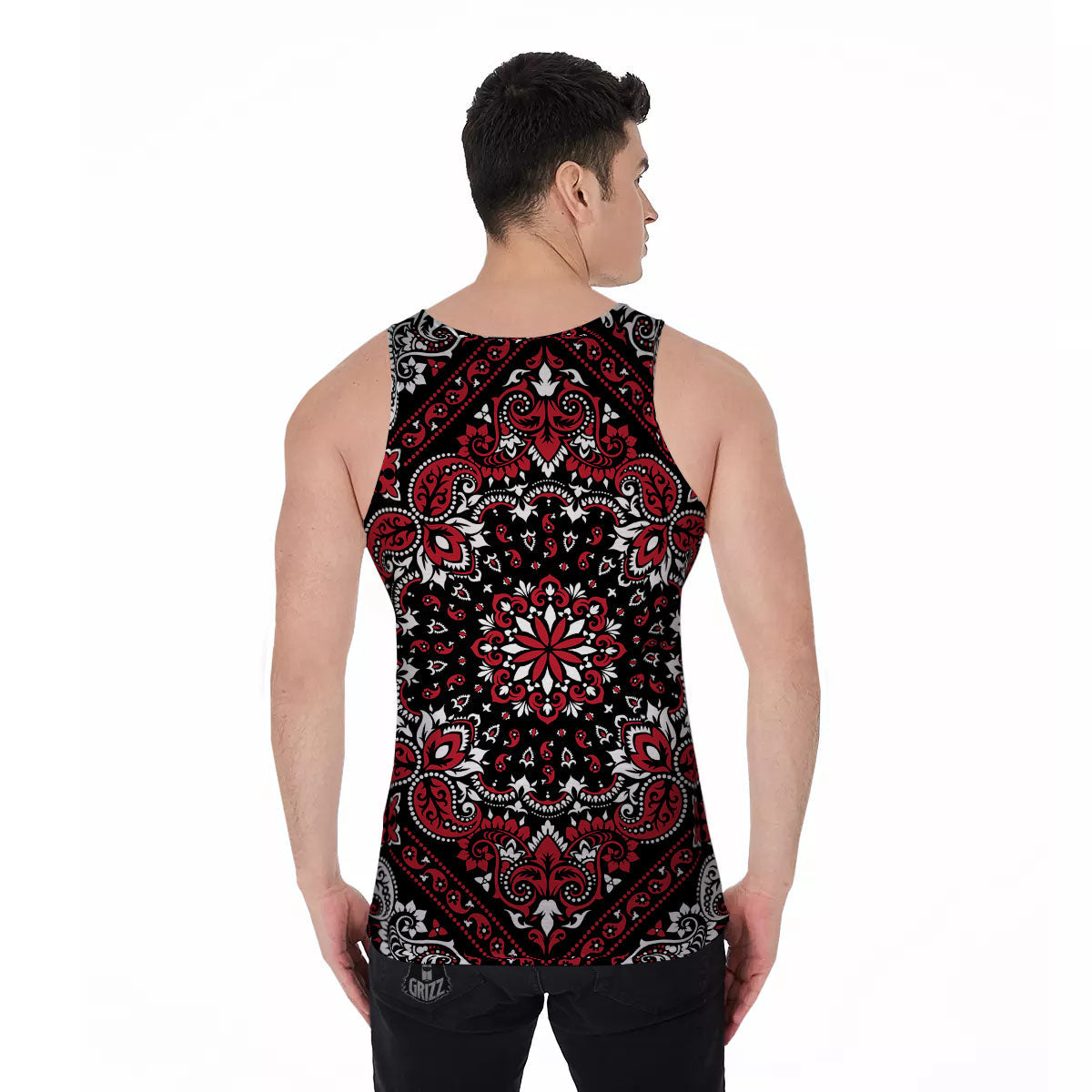 Red Black Bandana Paisley Print Men's Tank Top-grizzshop