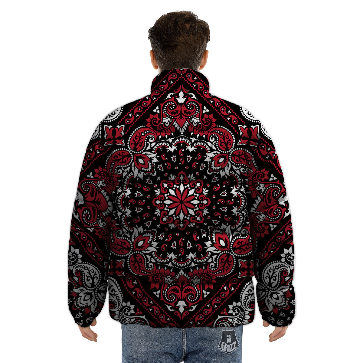 Red Black Bandana Paisley Print Puffer Jacket-grizzshop