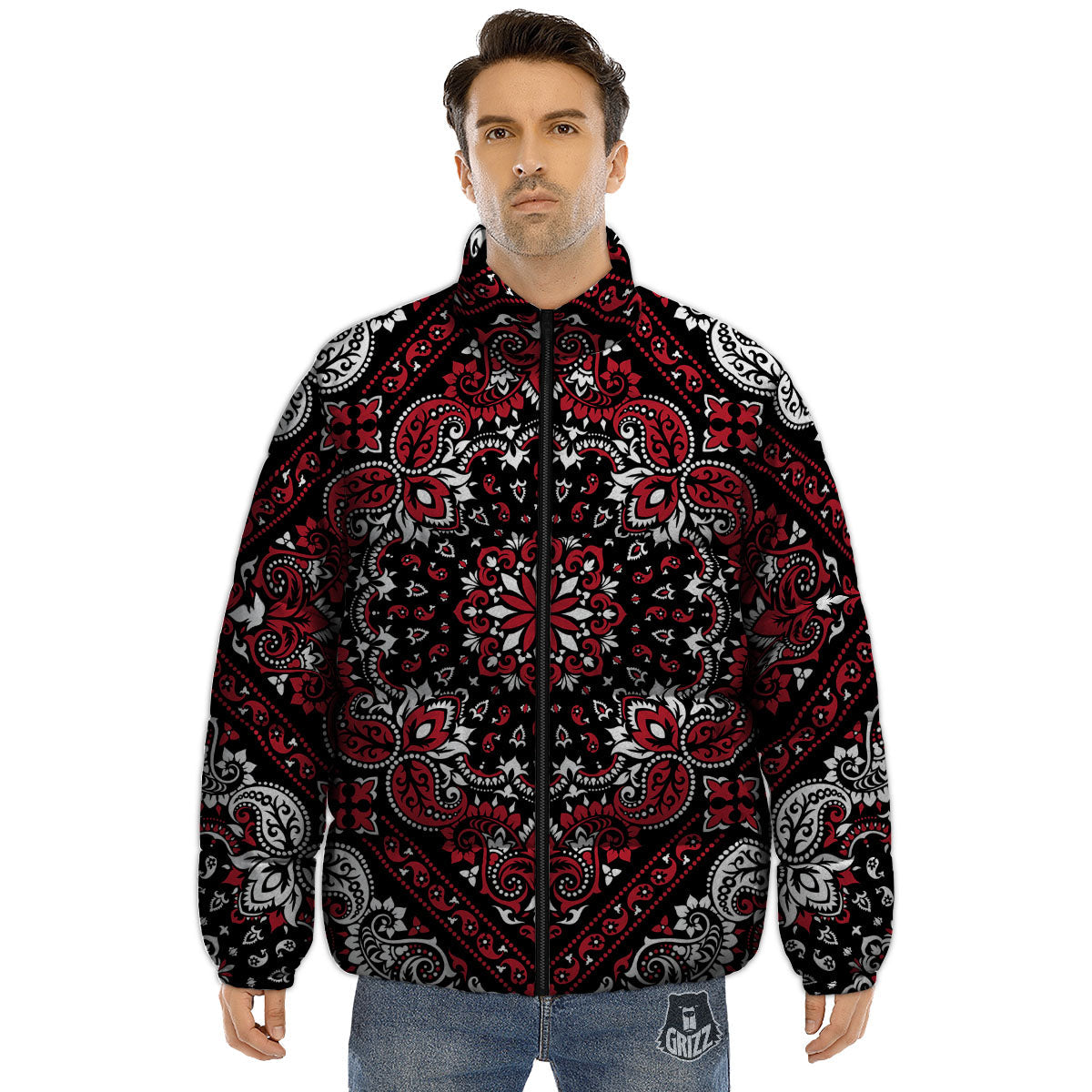 Red Black Bandana Paisley Print Puffer Jacket-grizzshop