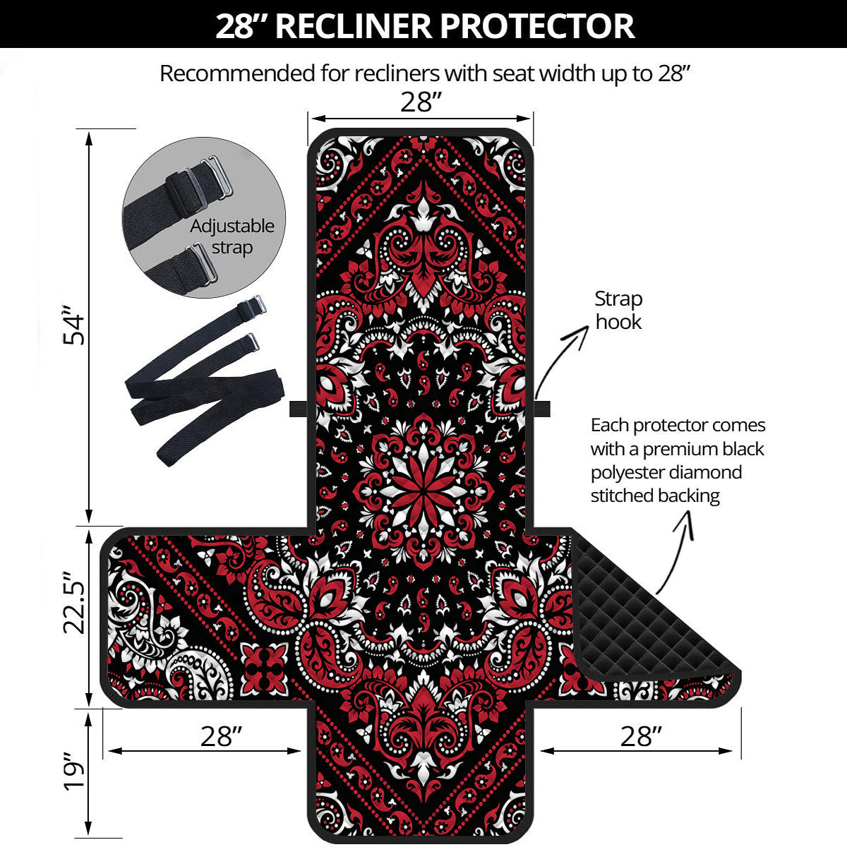 Red Black Bandana Paisley Print Recliner Protector-grizzshop