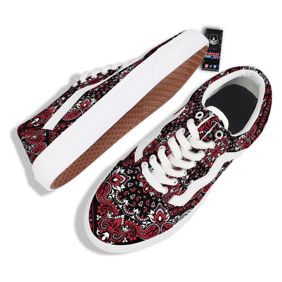 Red Black Bandana Paisley Print Skate Shoes-grizzshop