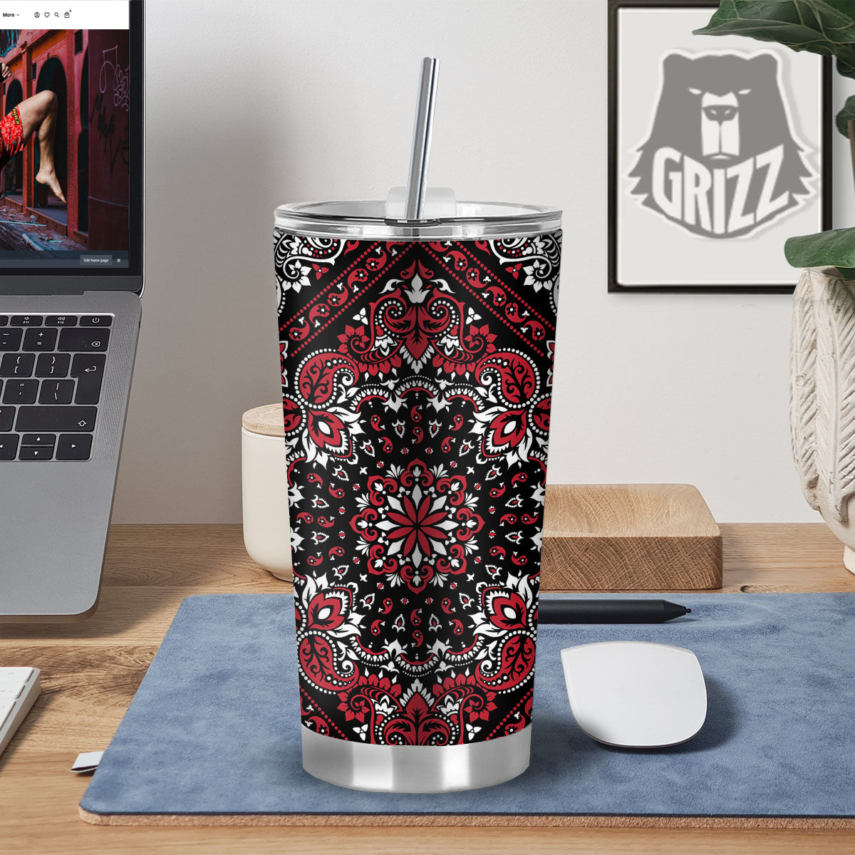 Red Black Bandana Paisley Print Tumbler-grizzshop