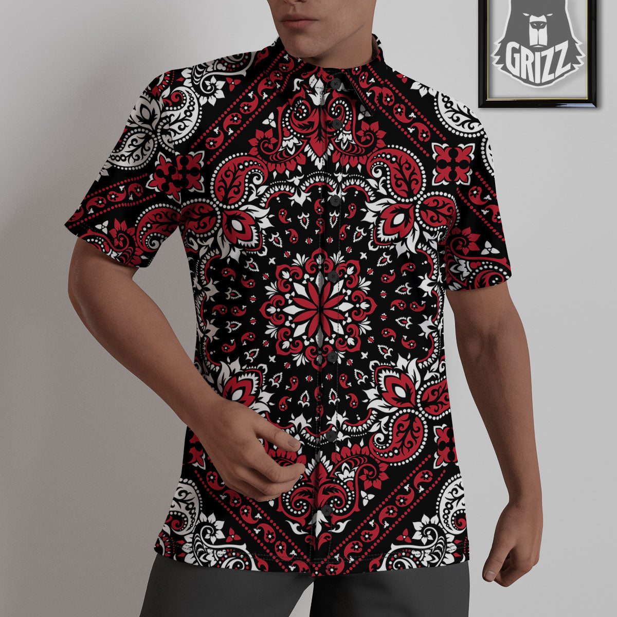 Red Black Bandana Paisley Print Untucked Shirts-grizzshop