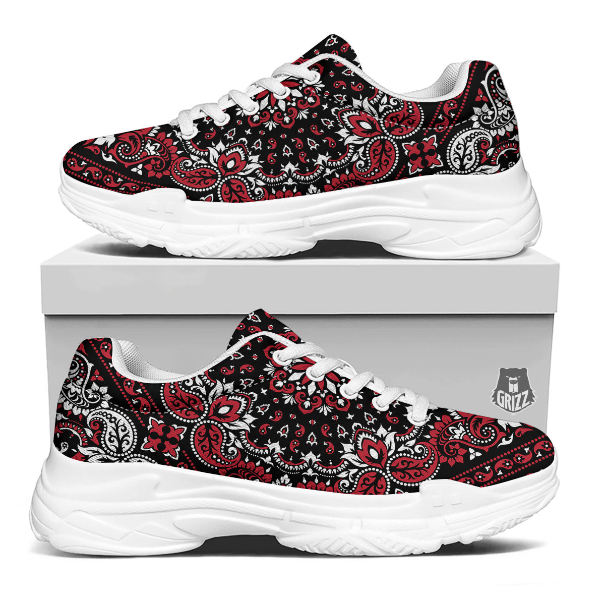 Red Black Bandana Paisley Print White Chunky Shoes-grizzshop