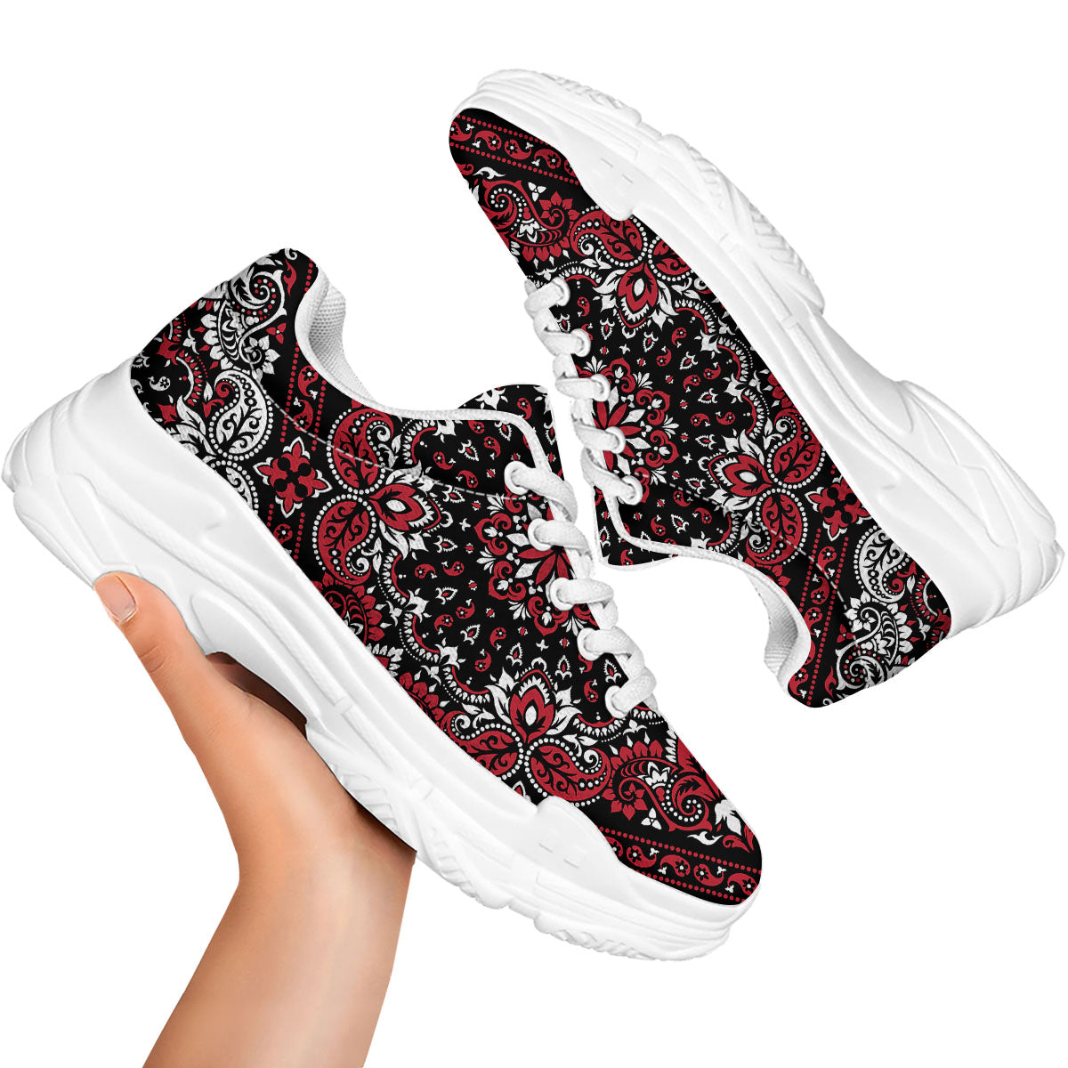 Red Black Bandana Paisley Print White Chunky Shoes-grizzshop