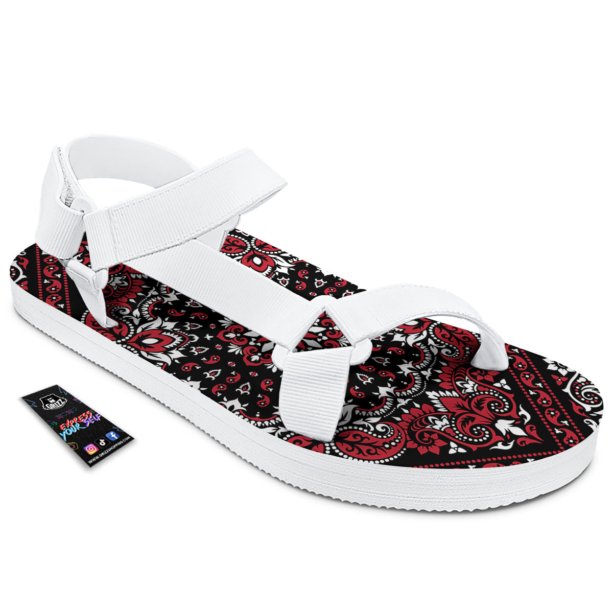 Red Black Bandana Paisley Print White Open Toe Sandals-grizzshop